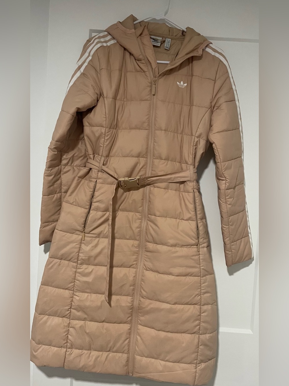adidas Tan Quilted Long Puffer Coat with Hood and Belt